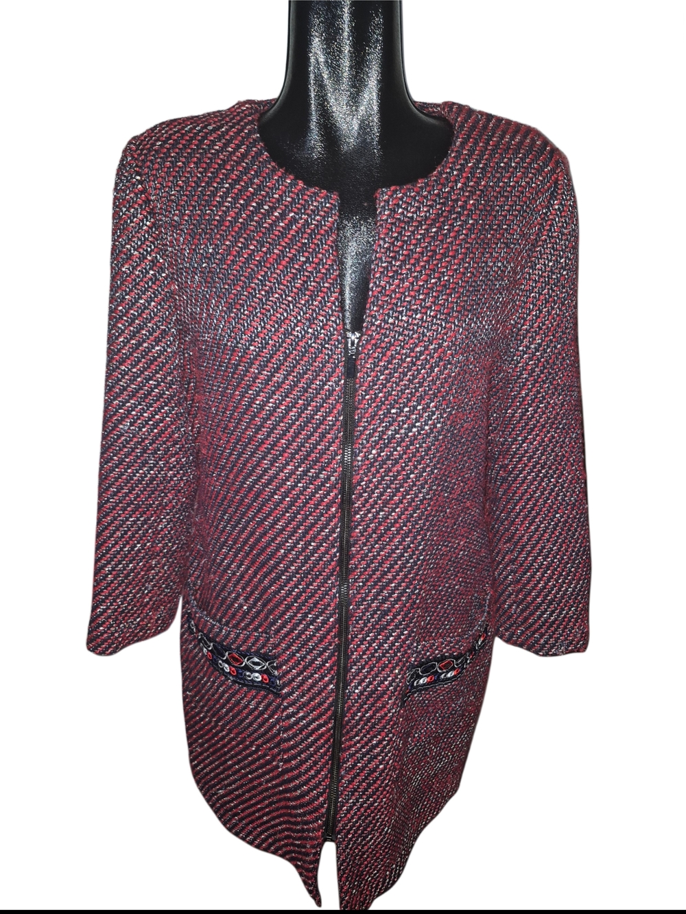 Renuar Women's Collarless Mid-length Red And Black Tweed Blazer Coatigan Size L